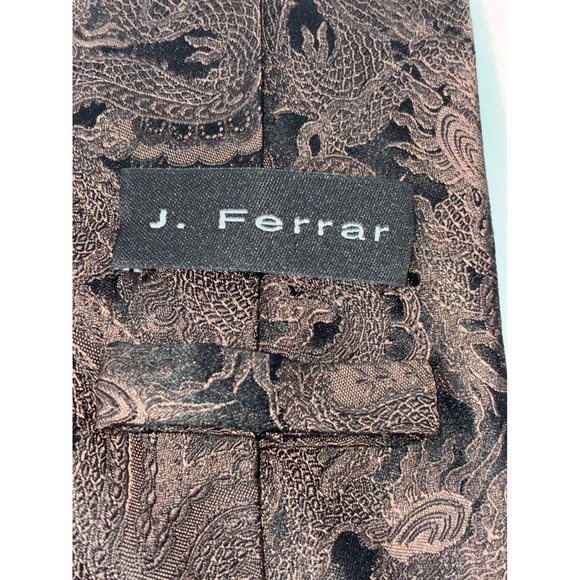 J Ferrar Mens Bronze Black Dragon Jacquard Woven Silk Blend Necktie Wide 3.75" - Picture 3 of 8